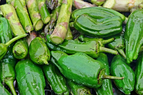 Obraz na plátně Grüner Spargel und Grillpaprika auf dem Holzkohlegrill