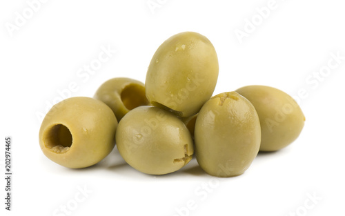 Pitted and marinated green olives, isolated on white background.