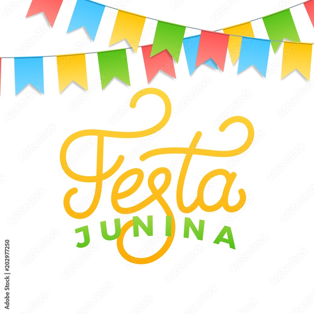 Festa Junina. Holiday card design for Brazilian June festa de Sao Joao. Lettering and colorful buntings