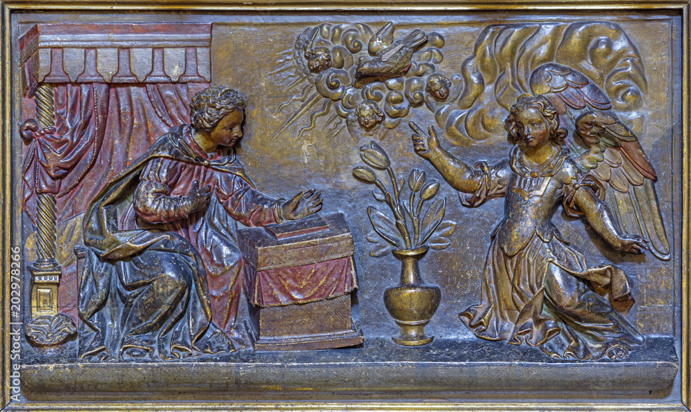 ZARAGOZA, SPAIN - MARCH 3, 2018: The carved polychrome relief of Annunciation in the church Iglesia de San Pablo from 17. cent.