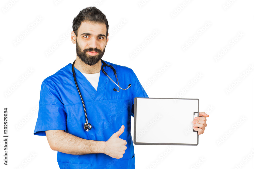 Doctor in blue robe with stethoscope pointing to clipboard isolated on white background Doctor in blue robe with stethoscope pointing to clipboard isolated on white background