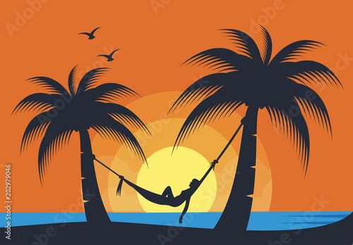 sunset background, summer on tropical beach  vector illustration © mouze_art