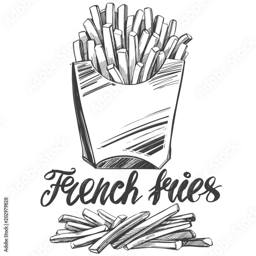 French fries , fastfood, logo, and drawn vector illustration realistic sketch