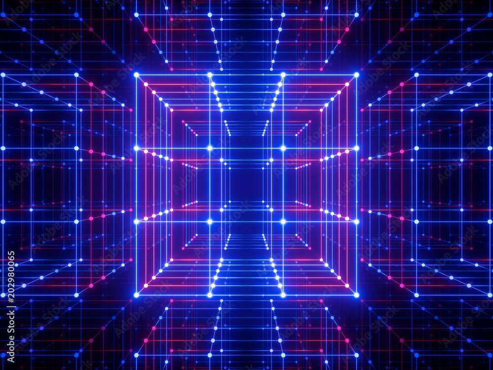 Fotografía 3d render, glowing lines, neon lights, abstract psychedelic background, cube cag