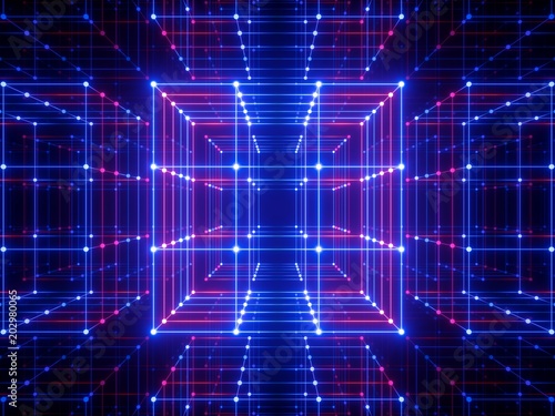3d render, glowing lines, neon lights, abstract psychedelic background, cube cage, ultraviolet, blue, spectrum vibrant colors, laser show photo