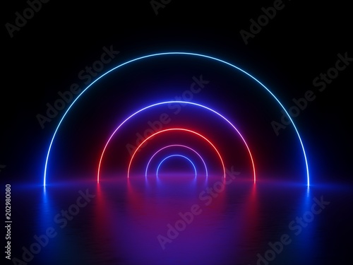 3d render, glowing ring, round line, spiral loop, neon lights, abstract background, virtual reality, circle, red blue spectrum, vibrant colors, laser show