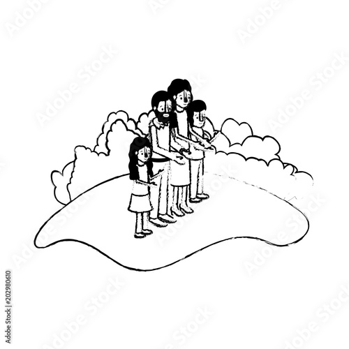 parents couple with son and daughter in field landscape vector illustration