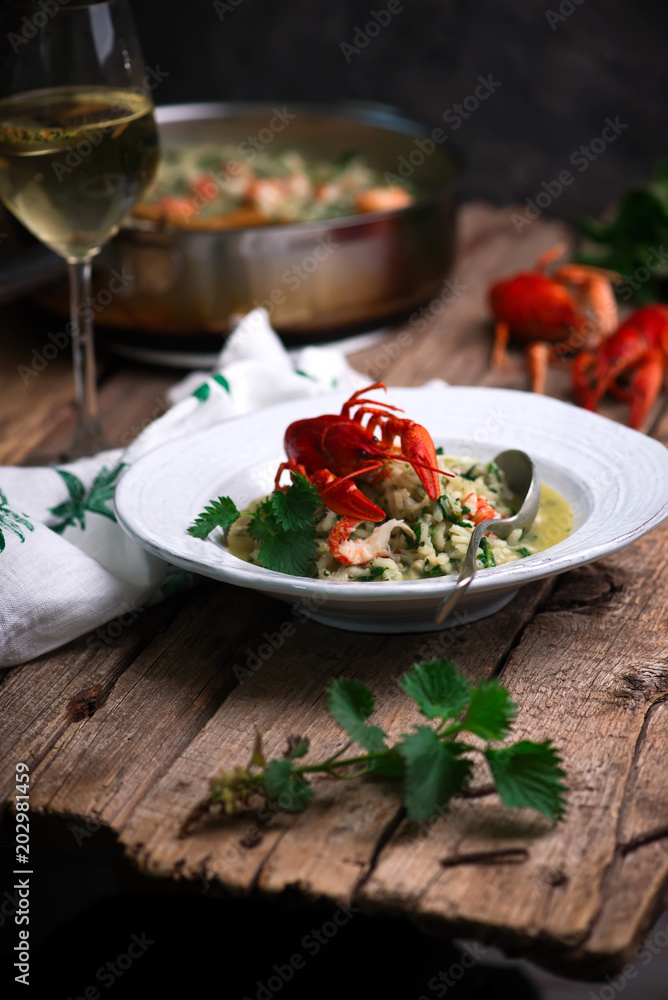 risotto with nettles and crayfish.style rustic. risotto with nettles and crayfish.style rustic.