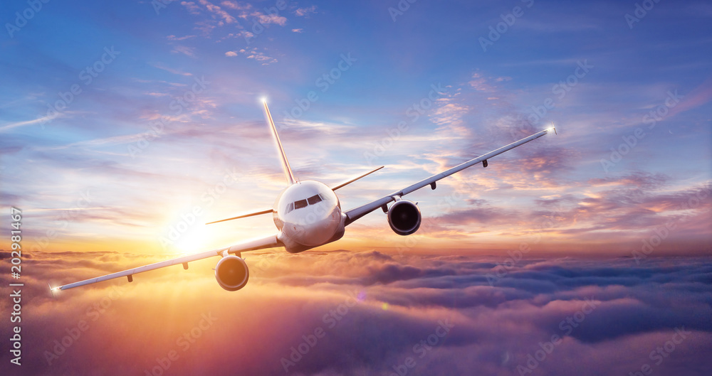 Obraz premium Pasażerowie latający samolotem nad chmurami