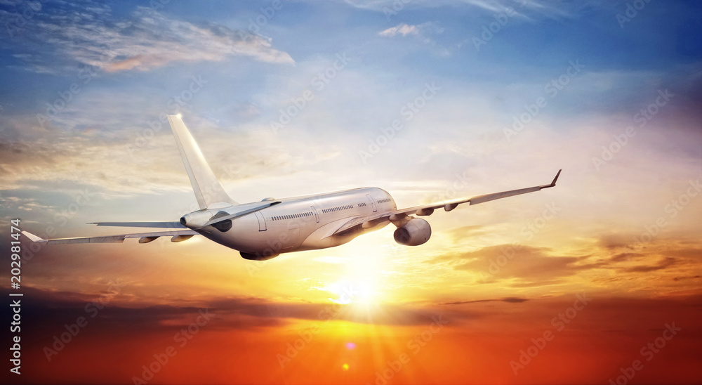 Fototapeta premium Passengers commercial airplane flying above clouds