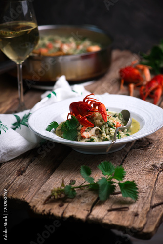 risotto with nettles and crayfish.style rustic.