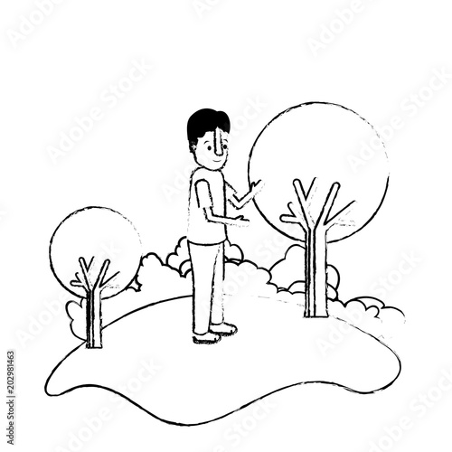 isometric little boy in field landscape character vector illustration design