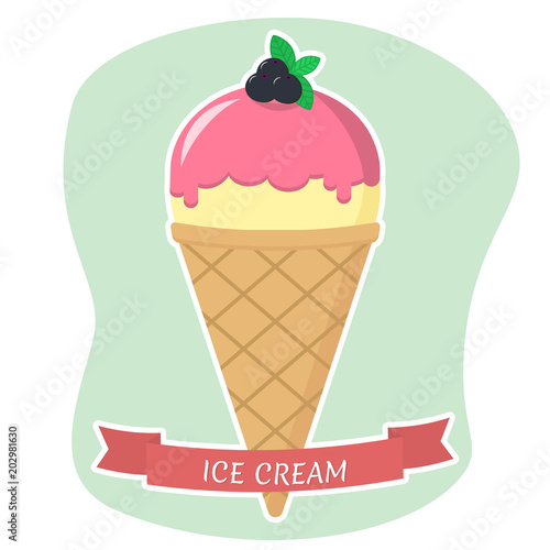 Sweet ice cream in a waffle cone, vanilla with berry glaze, a flat icon with a white stroke on the background of a red ribbon. Vector illustration. EPS 10.