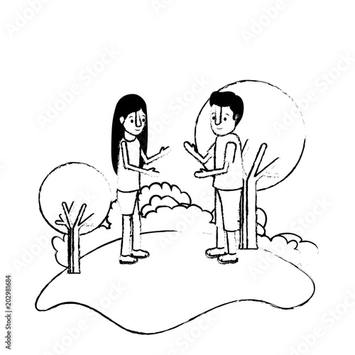 isometric little kids couple in field landscape character vector illustration