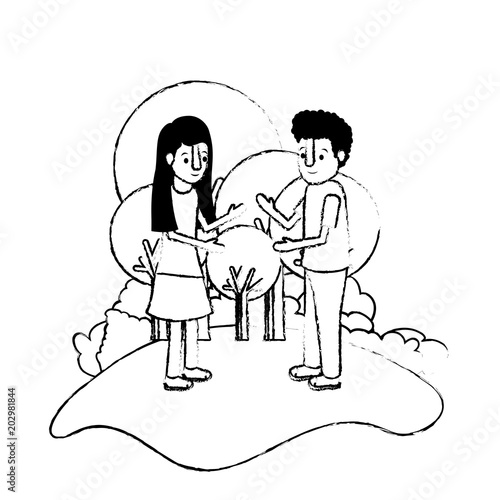 isometric little kids couple in field landscape character vector illustration