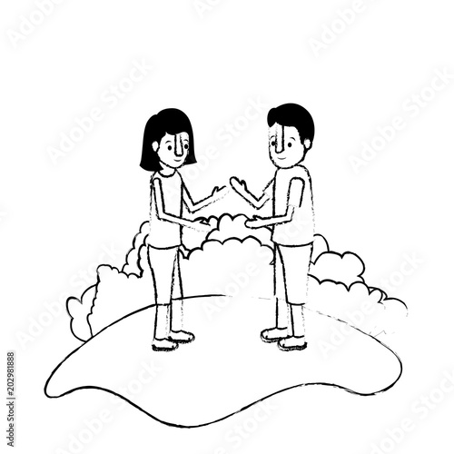 couple isometrics in field landscape avatars characters vector illustration