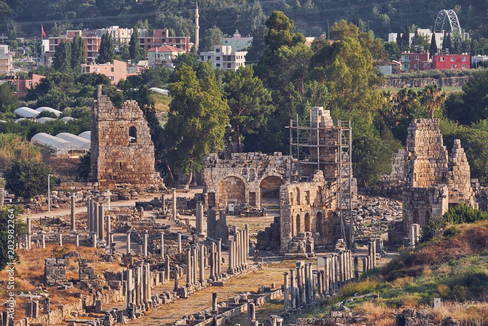 The ruins of the ancient city of Perge. Perge is an ancient Greek city on the southern Mediterranean coast of Turkey.