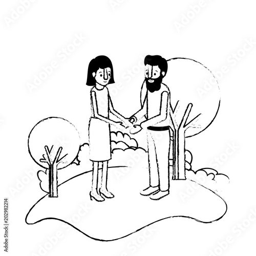 couple isometrics in field landscape avatars characters vector illustration