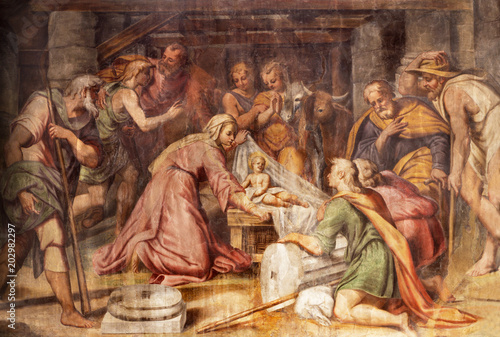 PARMA, ITALY - APRIL 16, 2018: The freso of Adoration of the Shepherds in church Chiesa di Santa Croce by Giovanni Maria Conti della Camera (1614 - 1670).