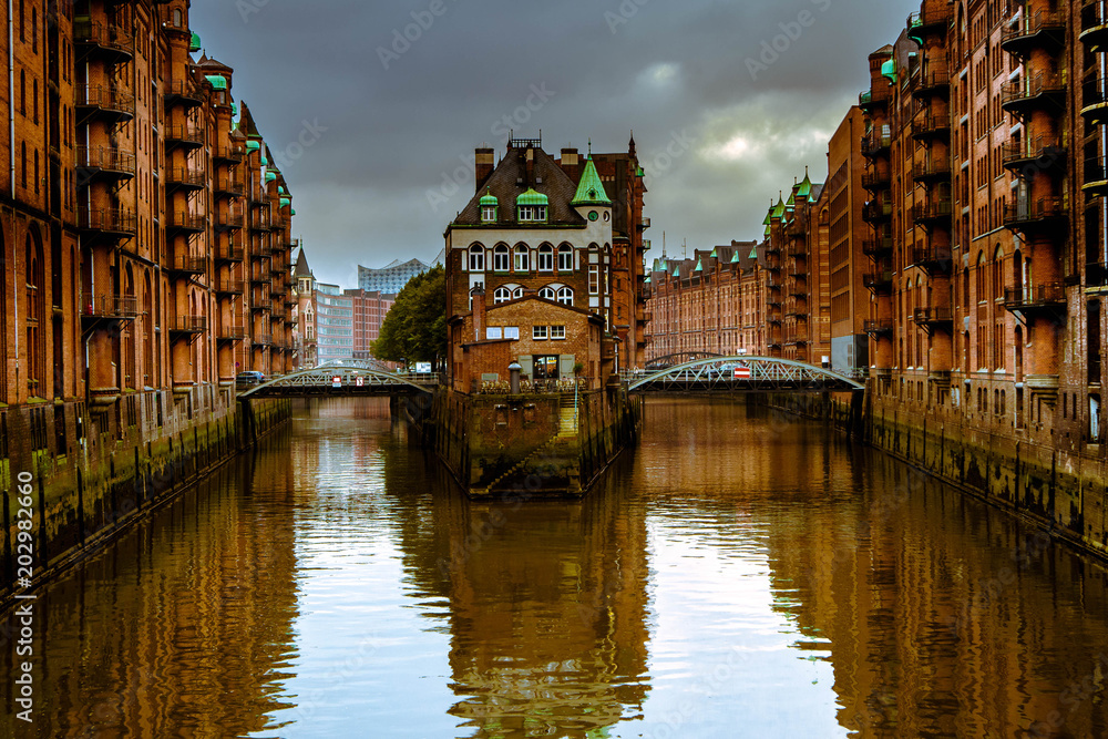 Historical buildings and canal in the Speicherstadt in Hamburg, Germany
