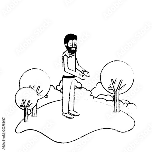 isometric man with beard in field landscape avatar character vector illustration