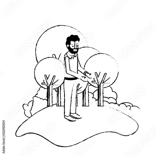 isometric man with beard in field landscape avatar character vector illustration