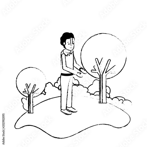 isometric man in field landscape avatar character vector illustration design