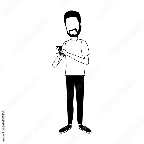 Young man chatting with smartphone vector illustration graphic design