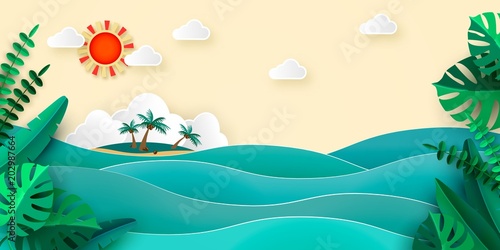 Sea island palm tropical leaves sun clouds in papercut style. Advertising banner for promotion travel services Vector illustration
