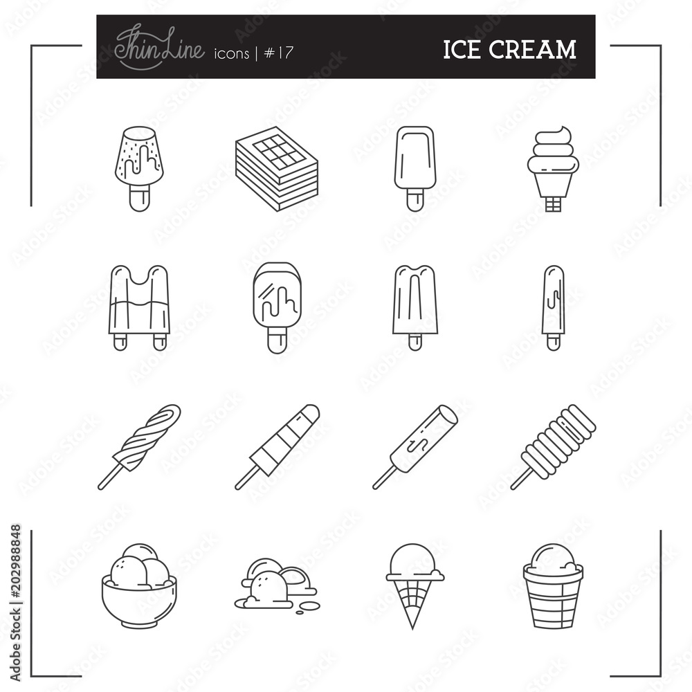 Ice Cream thin line icons set, flat design, vector illustration. Ice Cream thin line icons set, flat design, vector illustration.