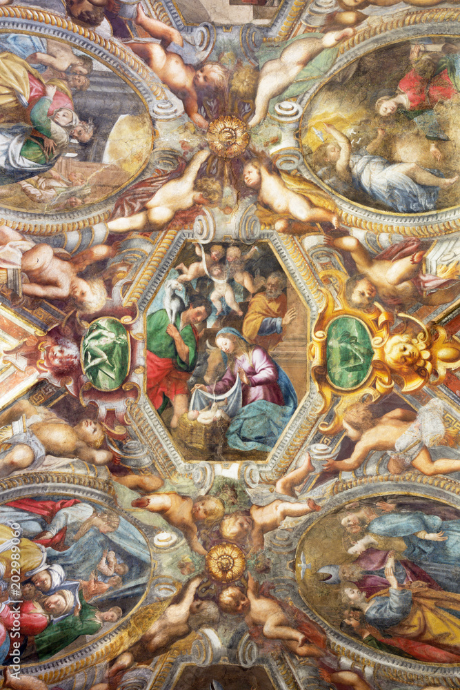 PARMA, ITALY - APRIL 17, 2018: The fresco Nativity on the cieling of church Chiesa di Santa Maria degli Angeli by Pier Antonio Bernabei (1620).