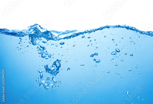 blue water surface with splash and air bubbles on white background
