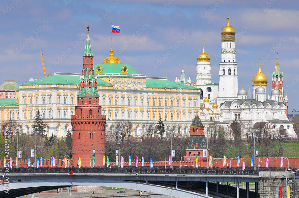 View of the Kremlin from the Patriarchal bridge in Moscow Russia.