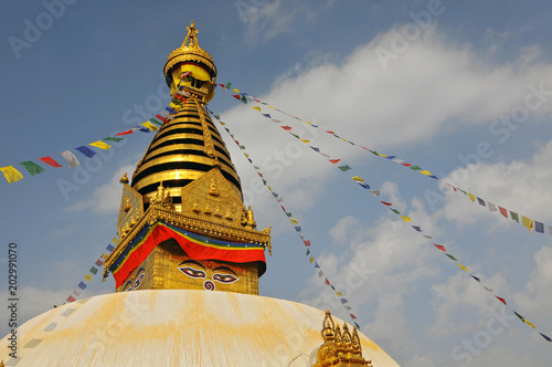Swayambhunath Stupa with the prayer flags  monkey temple  in Kathmandu  Nepal.
