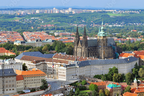 View of Prague Castle with St. Vitus Cathedral from Petrin Tower, Czech Republic.