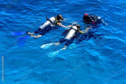 Divers on the clear and turquoise Red Sea on immersion in beauti