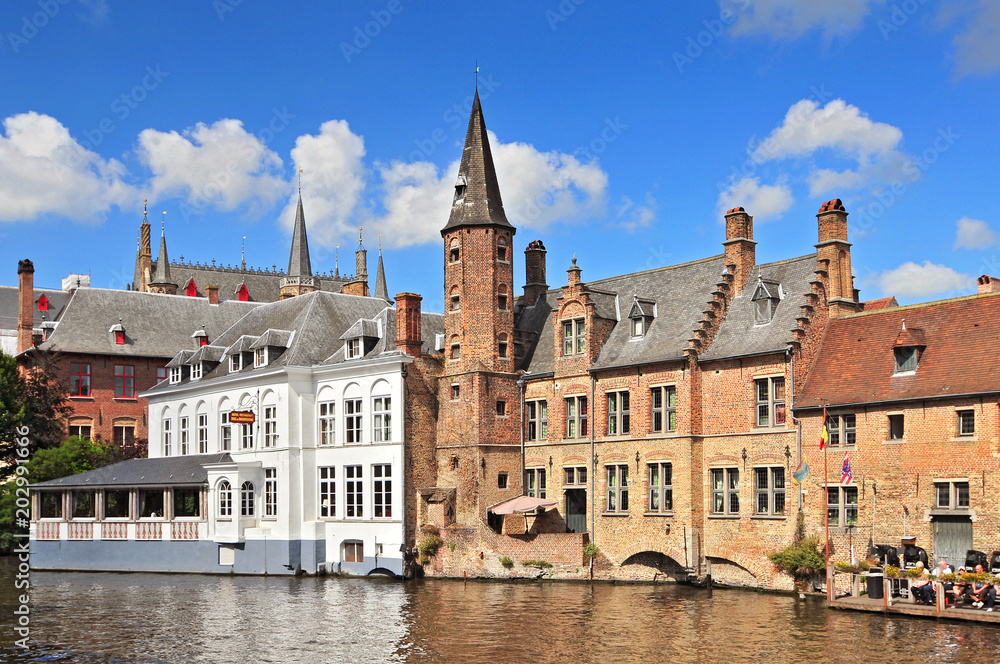 Dijver river canal near Rozenhoedkaai area, Brugge, Belgium.