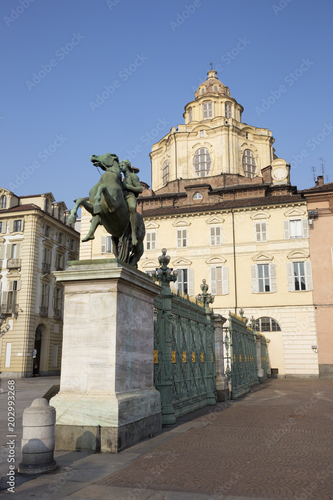 Turin - The square Piazza Castello and cupola of church San Lorenzo.