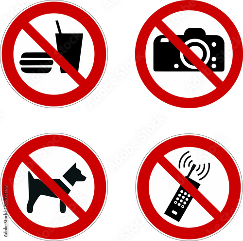 prohibition sign icon set (food, dog, phone, camera ) vector set