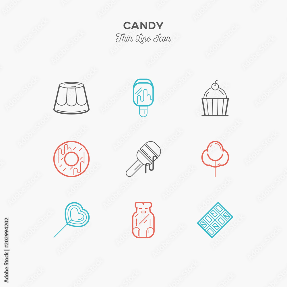Fototapeta premium Desserts, honey, jelly bear, cake, candy, chocolate thin line color icons set, vector illustration