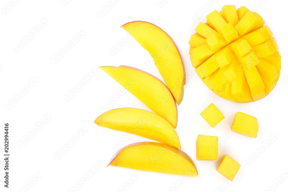Mango fruit and half isolated on white background with copy space for your text. Top view. Flat lay Mango fruit and half isolated on white background with copy space for your text. Top view. Flat lay