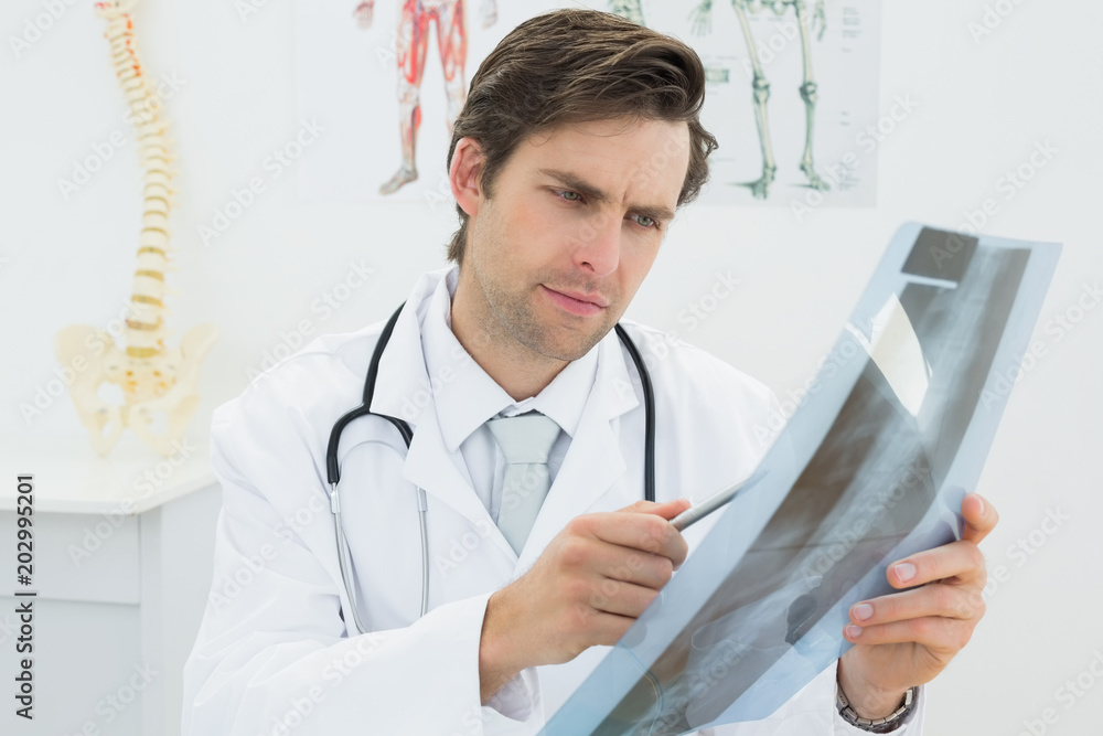 Concentrated male doctor looking at xray picture of spine Concentrated male doctor looking at xray picture of spine