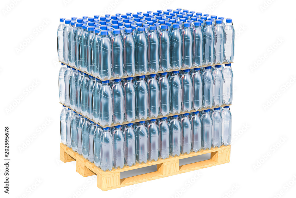 Wooden pallet with water bottles wrapped in the shrink film, 3D