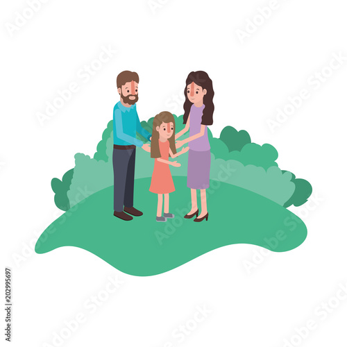 parents couple with daughter in field landscape vector illustration design