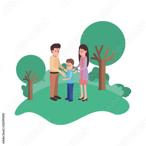 parents couple with son in field landscape isometric vector illustration design