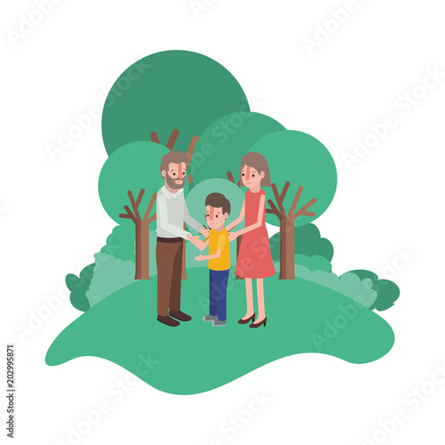 parents couple with son in field landscape isometric vector illustration design