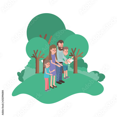 parents couple with son and daughter in field landscape vector illustration