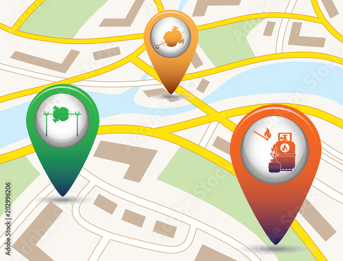 Set of tourism service map pointers on map