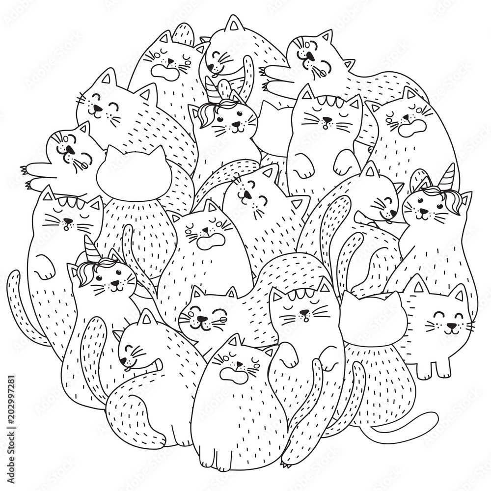 Doodle cute cats coloring page. Funny circle shape print. Vector illustration Doodle cute cats coloring page. Funny circle shape print. Vector illustration