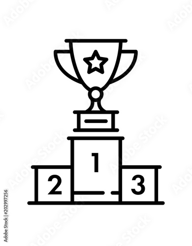 Black icon line trophy cup on the podium.